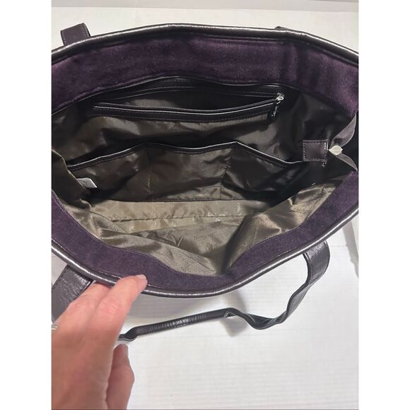 Thirty-One Purple Canvas Signature Tote Bag Brown Faux Leather Trim - Picture 10 of 13